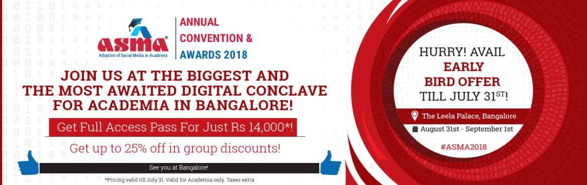 Book Online Tickets for ASMA Annual Convention and Awards 2018, Bengaluru. The much-awaited 2nd Annual Convention & Awards 2018 on August 31st and September 1st is here in Bangalore!


ASMA (Adoption of Social Media in Academia) is India&rsquo;s first research-based initiative which provides an industry benchmark for th