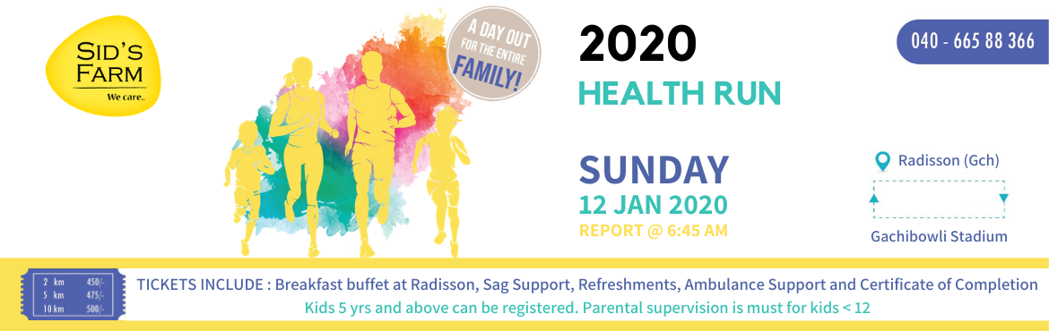 Book Online Tickets for Sids Farm Health Run, Hyderabad. Haven&rsquo;t ran a marathon ever? Great! This run is for you then, Sid&rsquo;s Farm brings you a fully supported run for beginners and professionals.
Below are the categories for the run:&nbsp;

2km &ndash; Rs 450
5km &ndash; Rs 475
10km &ndash; Rs 
