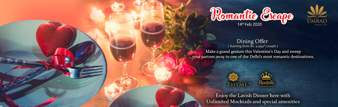 Book Online Tickets for Romantic Escape The Umrao, New Delhi. &nbsp;Romantic Escape The Umrao
VALID FROM 14TH TILL 17TH FEBRUARY,
201N/2D&nbsp; Couple Stay in a Deluxe, Superior, Premium, Executive & Suite Room with Meals at The UmraoStay for 2 Adults onlyWelcome drink on arrival.&nbsp; &nbsp; &nbsp; &nbsp;