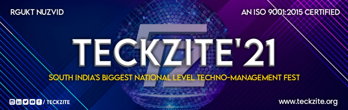 Book Online Tickets for Teckzite 2021, . &nbsp; Teckzite, an annual National Level Techno-management fest celebrated and lionized by the student community of Rajiv Gandhi University of Knowledge Technologies, Nuzvid. Teckzite excites the students by all means and makes them awaited througho