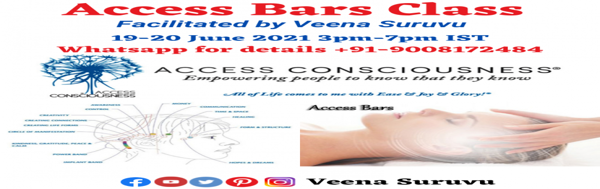 Book Online Tickets for Access Bars Class, Bangalore. 
ACCESS BARS CLASS
19-20 June 2021 3pm - 7pm IST


There are 32 points or bars on the head. Activating these points by lightly touching them and allowing the energy to flow through these bars releases the electrical charge that holds all the consider