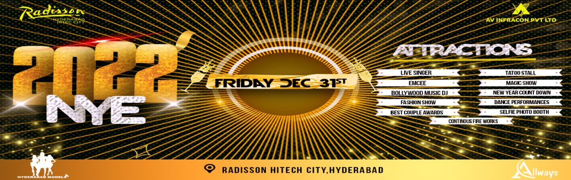 Book Online Tickets for New Year Eve 2022 at Radisson, Hyderabad. &nbsp;
According to Government norms, only Double vaccinated people are allowed
Celebrate New Year eve at Radission Hitec city, Lets welcome New year in our own style.
Artists : DJ XKING,DJ Manish Bhatt
DJ Manish: - He is the one of the finest Bollyw