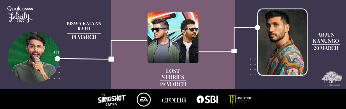 Book Online Tickets for Felicity-22 IIIT Hyderabad , Hyderabad. The annual techno-cultural fest of IIIT Hyderabad: Felicity is back in its 22nd edition with the theme, ”Retro”. Arjun Kanungo swaying the crowd with his soulful music, Lost Stories presenting their beats on EDM night and Biswa 