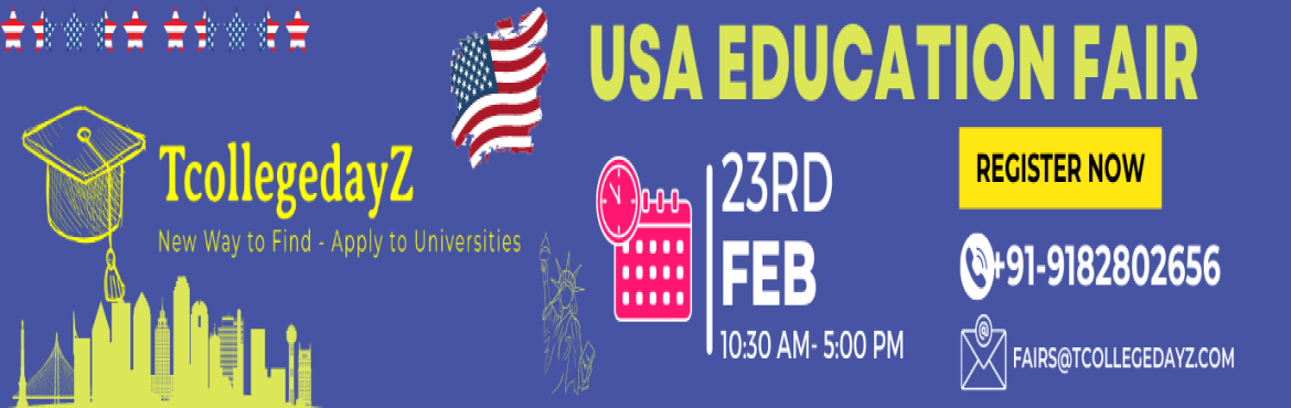 Book Online Tickets for USA Education Fair - Hyderabad - Top Not, Hyderabad. &nbsp;USA education fair Attention students and parents! Are you looking for the best higher education opportunities in the USA? TcollegeDayz presents the USA Education Fair, happening on 23rd February 2023. Meet with top-notch universities and colle