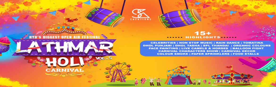 Book Online Tickets for LATHMAR HOLI VOL 5.0, Hyderabad.  
About:
After Four successful event with lots of memories, we are back with Season 5  \'LATHMAR HOLI VOL 5.0\'.
HYDERABAD\'S Biggest Open Air Holi Festival at S Convention, Madhapur, Hyderabad.
No Stress, No Boundaries, No Rivalries, No Ha