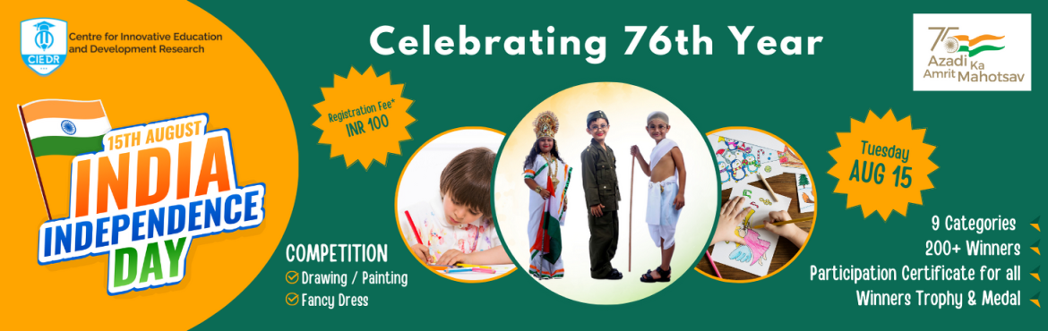 Book Online Tickets for INDIA 76 - INDEPENDENCE DAY CELEBRATION, Delhi . INDIA 76 - INDEPENDENCE DAY CELEBRATION

The Centre for Innovative Education and Development Research is organizing an online competition to commemorate the 76th Independence Day.
Azadi Ka Amrit Mahotsav is an initiative of the Government of India to