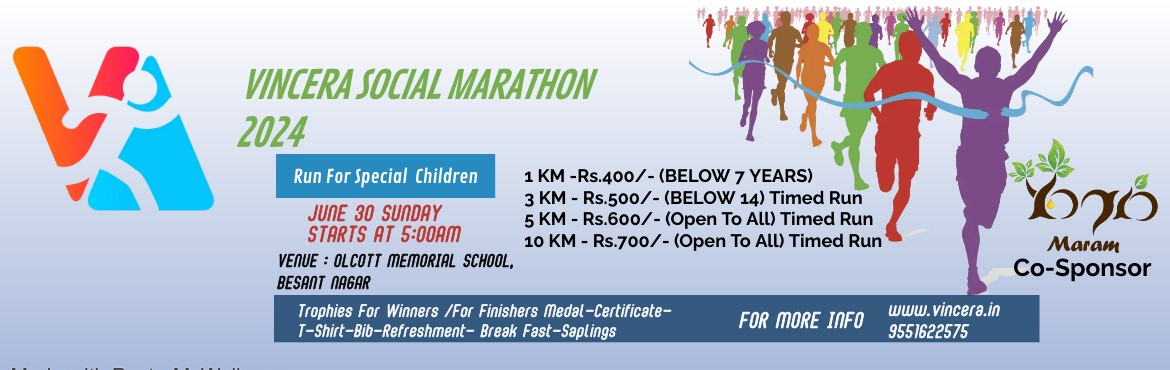 Book Online Tickets for VINCERA SOCIAL MARATHON 2024, Choolai. If you want to run a mile. If you want to experience a different life run a marathon!!
&nbsp;
Vincera Social Marathon 2024 is organized by Vincera Sports to extend our help and support to Special Children. Register to experience the thrill of a marat