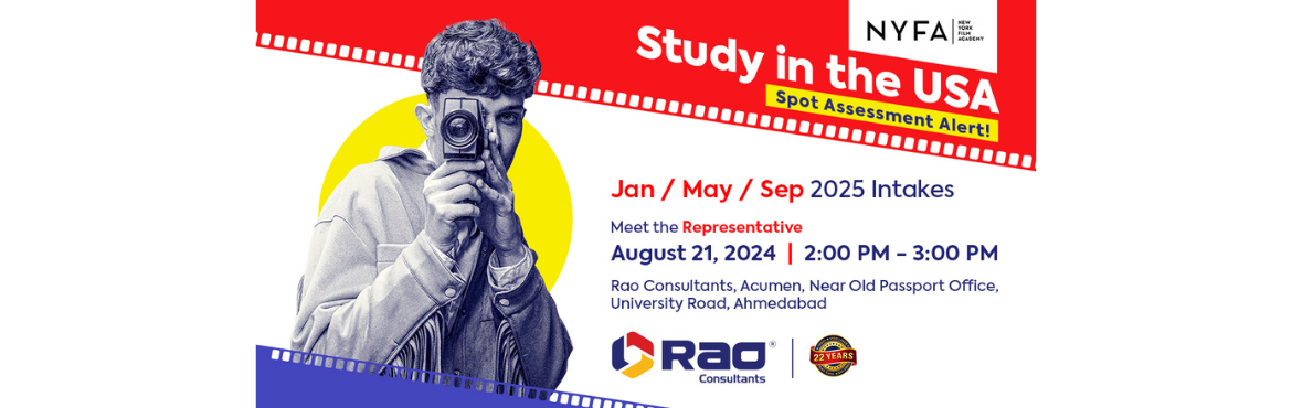 Book Online Tickets for New York Film Academy Spot Assessment - , Ahmedabad.  Spot Assessment Alert: New York Film Academy
Dream of studying film in the USA? Here’s your chance! Join us for an exclusive spot assessment with NYFA and discover your path to a career in film. 
Intakes Available: January 2025, May 