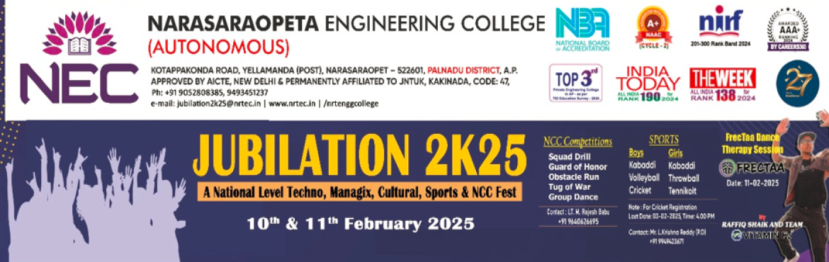 Book Online Tickets for JUBILATION 2K25, Narasaraop. National level Techno(10-2-25) , Managix(10-2-25), Cultural(10-2-25) , Sports(11-2-25) & NCC fest
All events starts from 9:00 AM onwards
