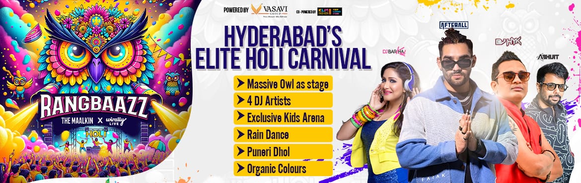 Book Online Tickets for Rangbaazz - The Ultimate Holi Carnival, Hyderabad.  India’s Top DJs – Non-stop Bollywood, EDM & Techno to keep you dancing!
 One-of-a-Kind Thematic Decor – Step into a vibrant, magical Holi experience!
 Puneri Dhol Troop – Feel the electrifying rhythm of Pune’s iconic dhol!
 Rain