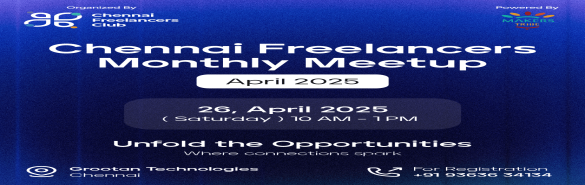 Book Online Tickets for Chennai Freelancers Monthly Meetup APRIL, Chennai. 
Chennai Freelancers Club is a community of Freelancers Entrepreneurs Self-employed and Remote Workers co-working independently. Some of us are new while others may have years of experience to share. We’re a friendly welcoming Tribe. We are 35000+ 