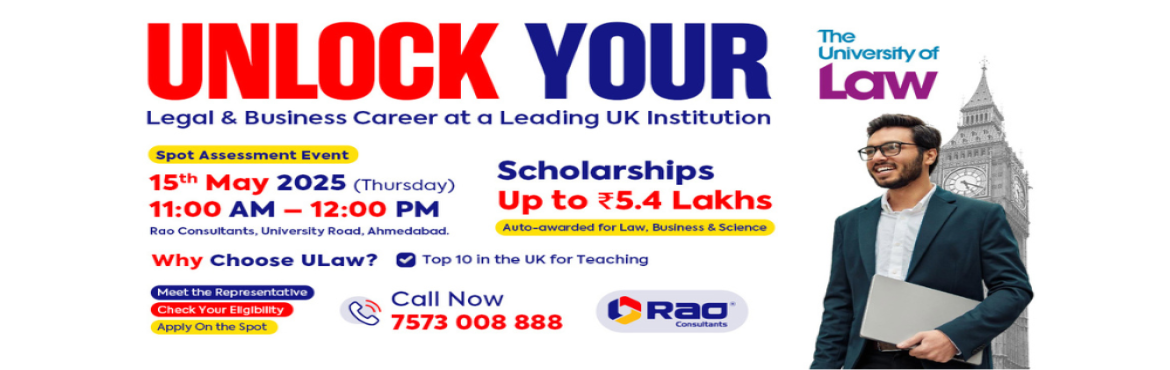 Book Online Tickets for The University of Law Spot Assessment, Ahmedabad. 
🎓 Unlock Your Legal & Business Career in the UK! 🇬🇧
Join us for an exclusive Spot Assessment Event with The University of Law — one of the UK’s leading institutions for Law, Business, and Science!
📅 Date: 15th May 2025 (Thursda