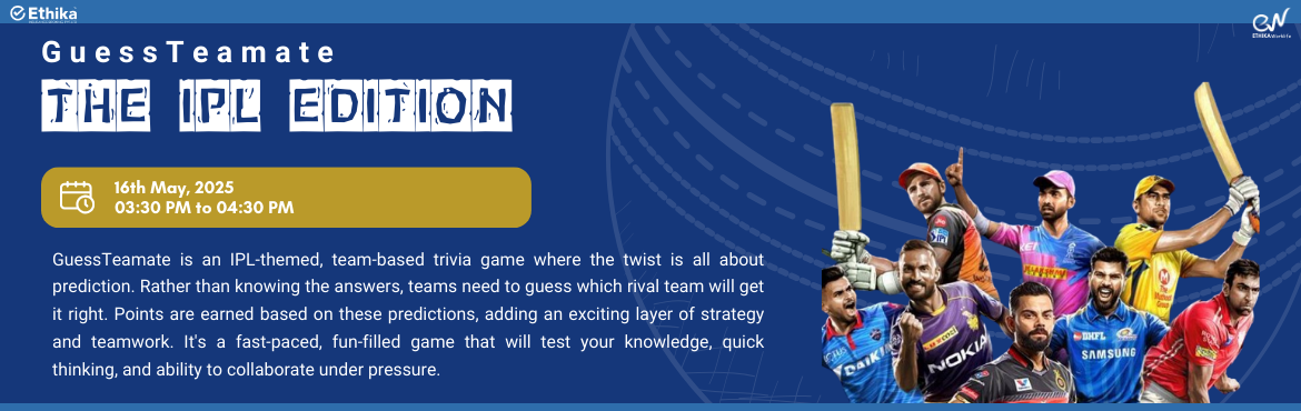 Book Online Tickets for GuessTeamate The IPL Edition , . Get ready for a high-energy hour where IPL passion meets prediction power!
This isn’t your average trivia—it’s a team-based, fast-paced guessing game that’ll test your instincts more than your cricket knowledge. Whether you\'re an IPL expert 