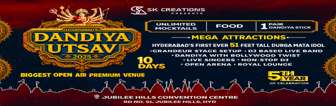 Book Online Tickets for Hyderabads Dandiya Utsav 2O25 - Open Air, Hyderabad. 


Hyderabad’s Dandiya Utsav 2025 – 5th Year Celebration! 
Join us for the Biggest and longest Garba & Dandiyaevent in Hyderabad! Celebrate 10 electrifying nights of dance,music, and culture at the city\'s largest open-air premium venue – t