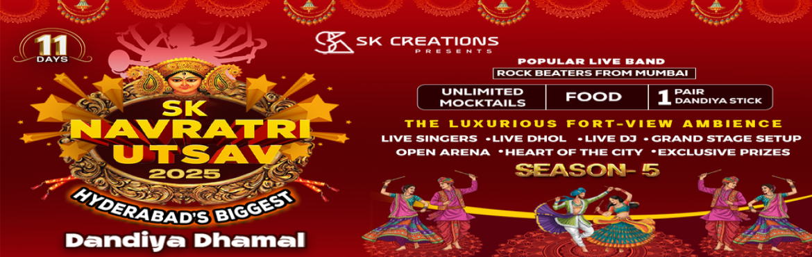 Book Online Tickets for SK Navratri Utsav 2025  Hyderabads Bigge, Secunderab. 





 Hyderabad is now ready to witness the most awaited andsmashing event of SK Navratri Utsav 2025 this year at ChiraanFort, Begumpet, Hyderabad from 22nd  September to 2nd  October 2025.
From colourful outfits to lively beats, Fort View’sDan