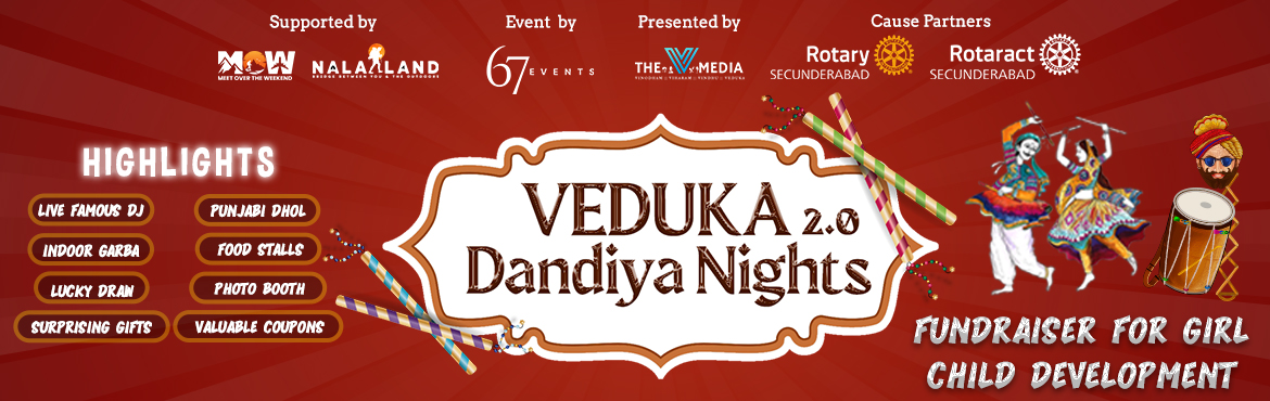 Book Online Tickets for Veduka Dandiya Nights 2.0 , Hyderabad. 
✨💃 Veduka 2.0 – Dandiya Nights 💃✨
Get ready to spin, twirl, and celebrate the most vibrant Dandiya Nights of Hyderabad – this time, bigger, better, and with a cause! 🎉

💖 Why You Shouldn’t Miss It
✔ Dance for a Cause - Every 