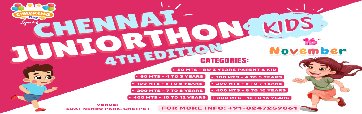 Book Online Tickets for Chennai Juniorthon 2025 - 4th Edition, Chennai. 
Chennai Juniorthon 2024 – 4th Edition
Date: 16th NOV, 2025
Venue: SDAT Nehru Park, Chetpet, Chennai

Chennai Juniorthon – Kids Run is back with its 4th edition. This exciting event is designed to inspire children to stay active and healthy, whil