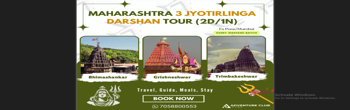 Book Online Tickets for Bhimashankar - Trimbakeshwar - Grishnesh, Bhimashank. 
Bhimashankar – Trimbakeshwar – Grishneshwar Jyotirlinga Tour (2N/3D)
Cost Per Person: ₹5,999Add-On: Couple Room – ₹1,500 per room

Day 0 – Departure


10:30 PM: Sassoon Hospital, Pune Station


11:00 PM: JM Corner, Shivaji Nagar


11:15 