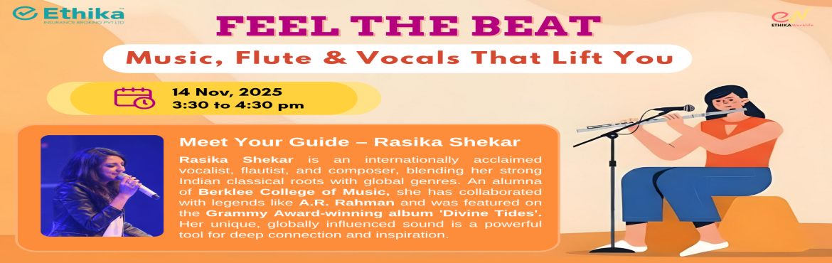 Book Online Tickets for  Feel the Beat: Music, Flute AND Vocals , . 🎶 Friday Musings | Feel the Beat 🎵
Music has the power to heal, inspire, and recharge — and this Friday, we’re bringing it all together in one soulful experience!
✨ Feel the rhythm, embrace the melody, and let music move your soul.“Fee
