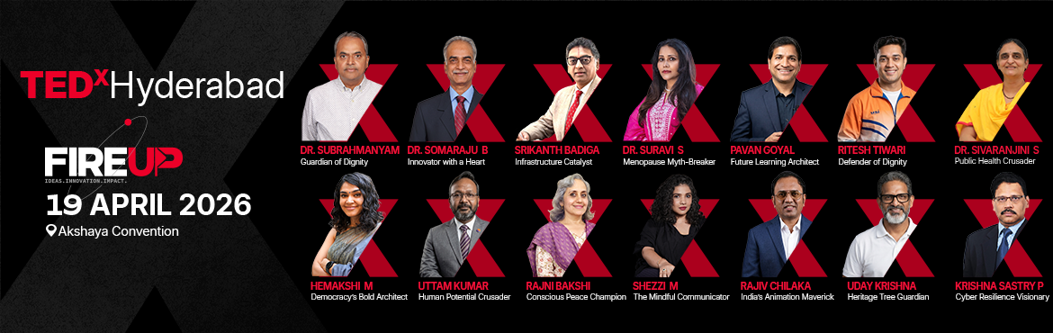Book Online Tickets for TEDxHyderabad 2026 FireUP, Hyderabad. FIRE-UP. TEDxHyderabad celebrates the spark that transforms inspiration into sustained action, the energy that turns curiosity into courage, and the imagination that fuels innovation. In a world defined by rapid technological change: from artificial 