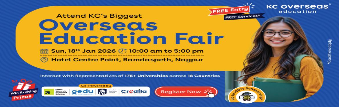 Book Online Tickets for KCs Biggest Overseas Education Fair, Nagpur. 
Attend KC’s Overseas Education Fair in Nagpur! Meet 175+ universities from 18 countries including USA, UK, Australia, Canada, Europe & Asia.Planning to study abroad?
Attend KC’s Overseas Education Fair in Nagpur and explore endless opportuni