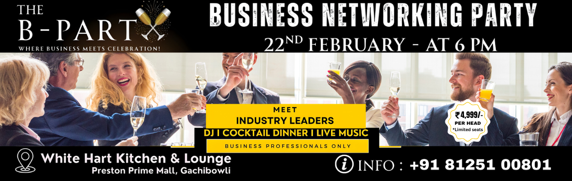 Book Online Tickets for The B-PARTY: A Premium Business Networki, Hyderabad. 
Where Business Meets Celebration! 🍾
Join us for The B-PARTY, an exclusive business networking evening designed for entrepreneurs, founders, professionals, and industry leaders to connect, collaborate, and celebrate success.
Experience meaningful 