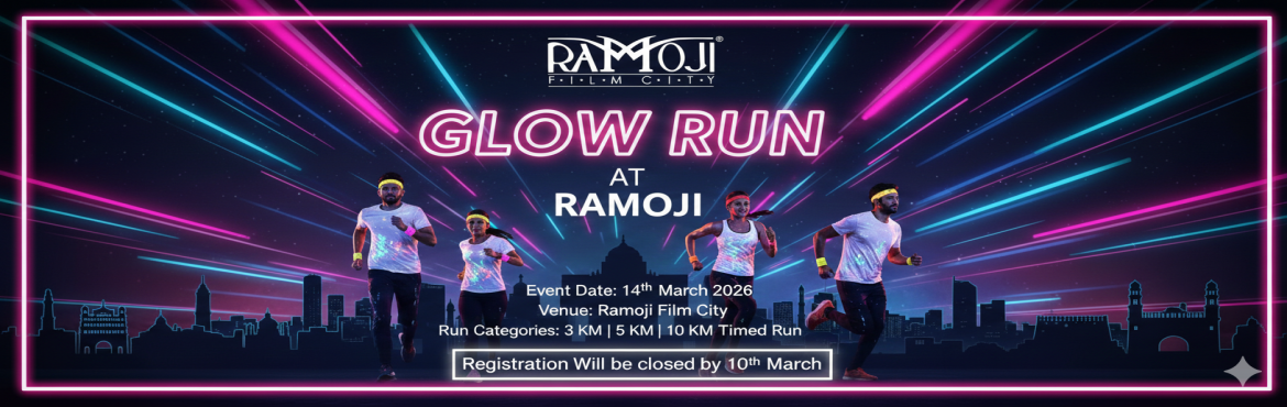 Book Online Tickets for Glow Run At Ramoji, Hyderabad. Glow Run at Ramoji
Step into a world where fitness meets cinema, glamour, and neon energy!It is a one-of-a-kind night running experience set inside the iconic Ramoji Film City, Hyderabad.
As part of the “She Shines” Fest, this immersive 3KM, 5KM 