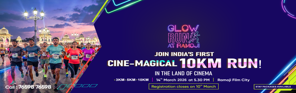 Book Online Tickets for Glow Run At Ramoji, Hyderabad. Glow Run at Ramoji
Step into a world where fitness meets cinema, glamour, and neon energy!It is a one-of-a-kind night running experience set inside the iconic Ramoji Film City, Hyderabad.
As part of the “She Shines” Fest, this immersive 3KM, 5KM 