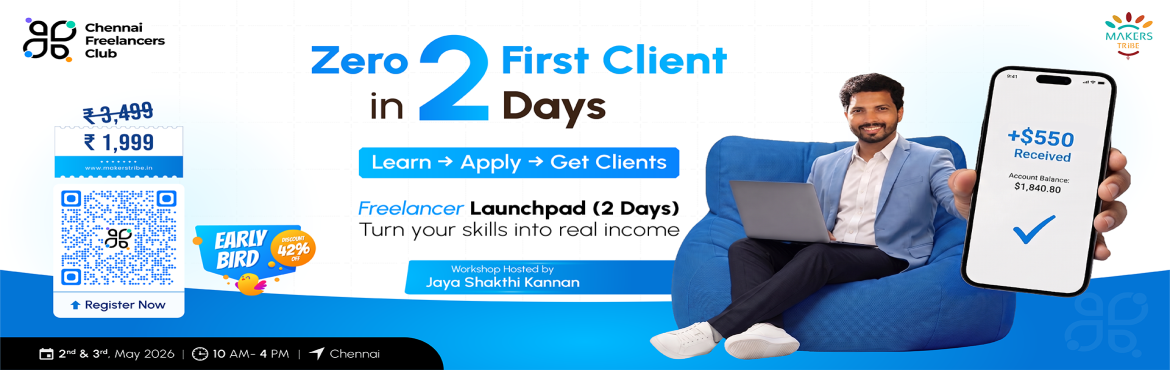 Book Online Tickets for Freelancer Launchpad  Earn Your First Cl, Chennai. 
Freelancer Launchpad – Earn Your First Client in 2 Days

About the Workshop
Tired of learning skills but not making money?
Freelancer Launchpad is a 2-day offline, action-driven workshop designed to help you move from learning mode to earning