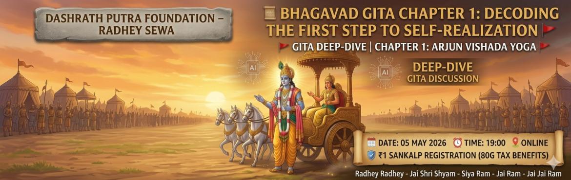 Book Online Tickets for Bhagavad Gita Chapter 1: Decoding the Fi, .  
🚩 Gita Deep-Dive | Chapter 1: Arjun Vishada Yoga 🚩

Dashrath Putra Foundation – Radhey Sewa begins its most profound spiritual journey yet.
Before we can change the world, we must understand the \