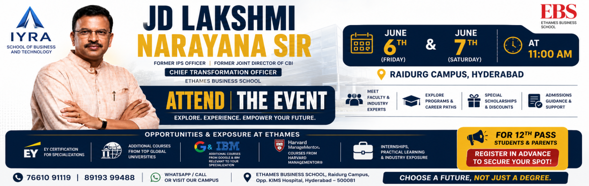 Join the EBS  Ethames Business School in collaboration with IYRA for a special Spot Admission Event for all 12th pass students at EBS Raidurgam Campus