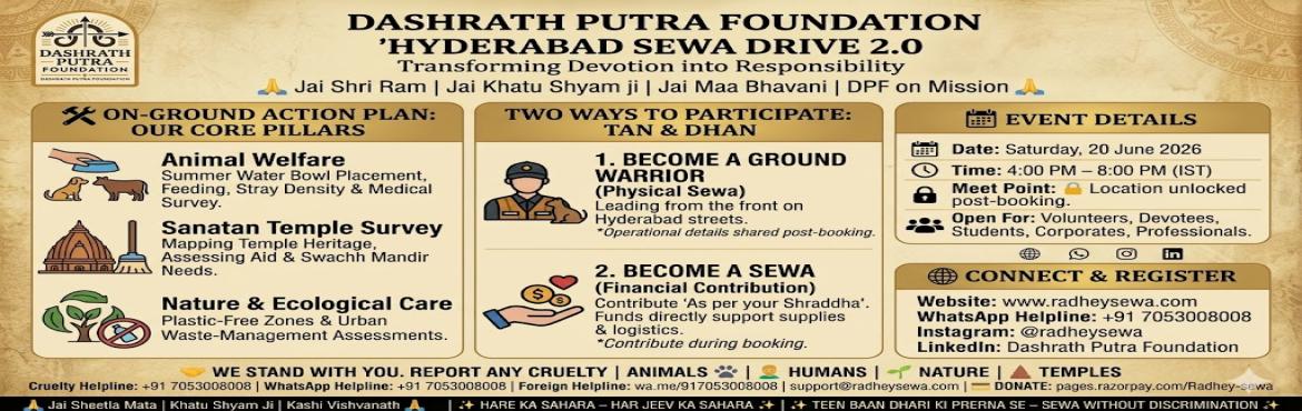 Book Online Tickets for Hyderabad Sewa Drive 2.0 | Radhey Sewa |, Hyderabad.  
🔱 Event Overview

The mission intensifies. Following our initial ground deployment, we are returning to the vibrant heart of Hyderabad with escalated operations. True Sewa knows no borders, and it is time to push the structured, high-impact fra