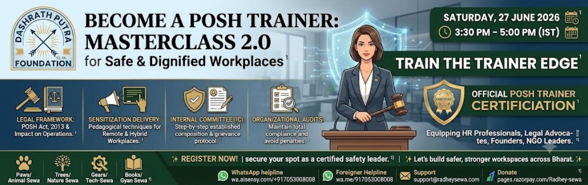 Book Online Tickets for Become a POSH Trainer - DPF, . Become a POSH Trainer: Masterclass 2.0 for Safe & Dignified Workplaces
Is your organization merely compliant, or are you actively equipped to build a culture of absolute safety?
A respectful, secure, and legally sound environment is the bedrock o