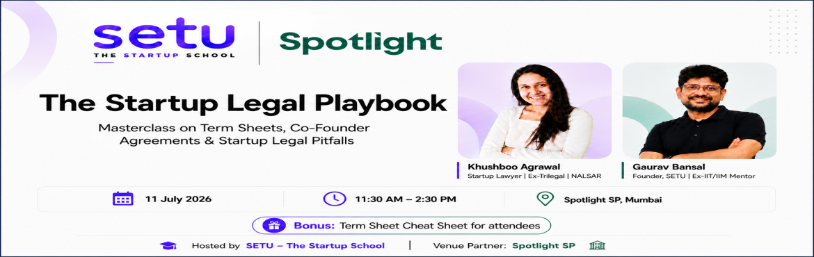 Book Online Tickets for The StartUp Legal Playbook, Mumbai. 

About the Session
What happens to your co-founder’s equity if they leave?
What looks like a great term sheet can still leave founders with almost nothing on a ₹50 Cr exit because of clauses like liquidation preference.
Join Khushboo Agrawal, st